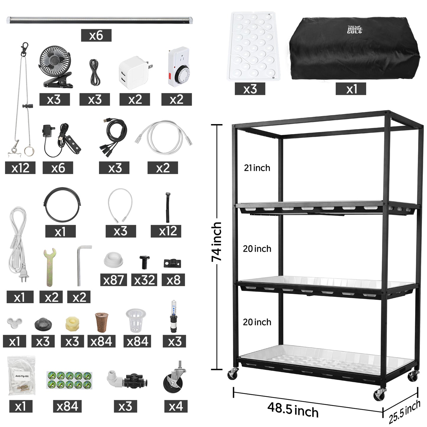 Hydroponic 3-Tier Plant Stand with LED Light & Tent Indoor
