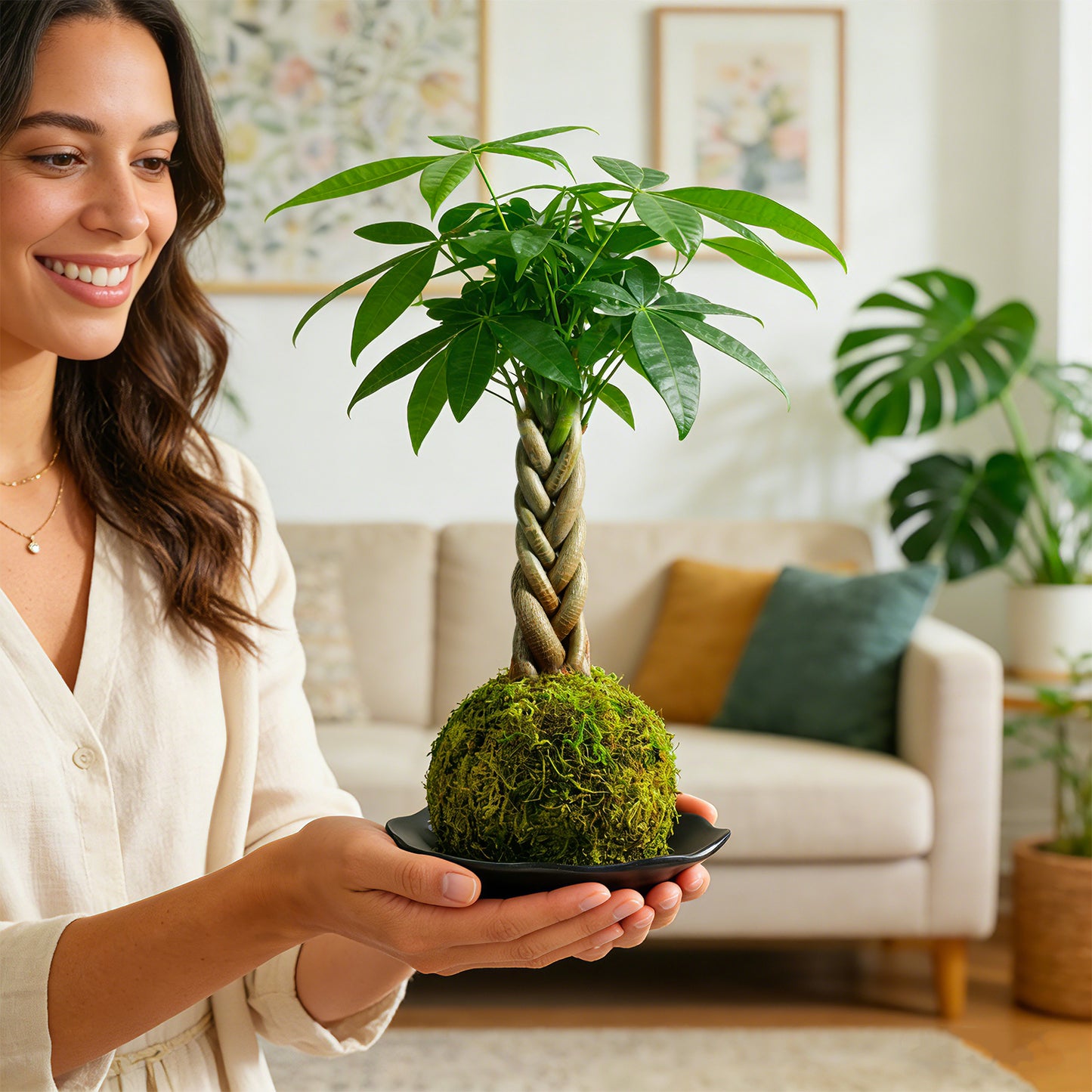 Kokedama Braid Money Tree with Planter Live Moss Ball Money Tree Plant