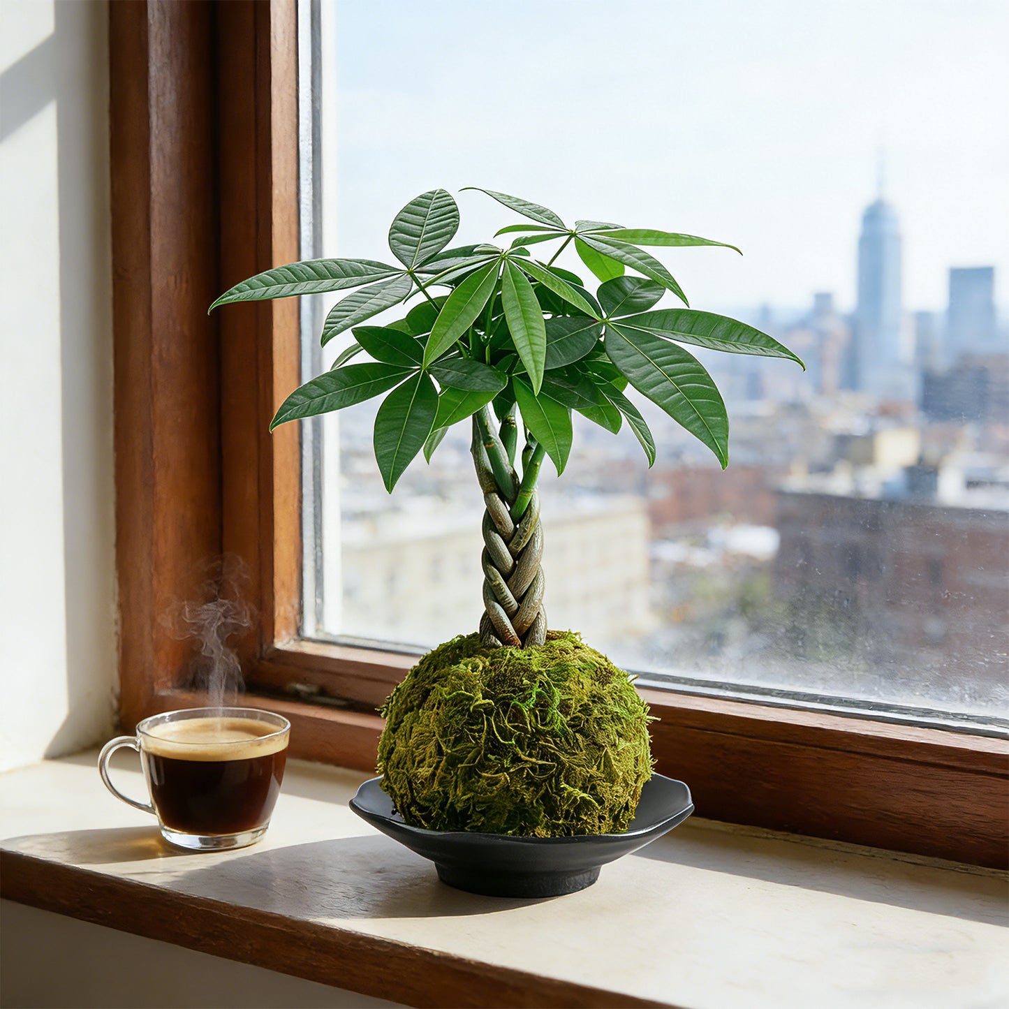 Kokedama Braid Money Tree with Planter Live Moss Ball Money Tree Plant